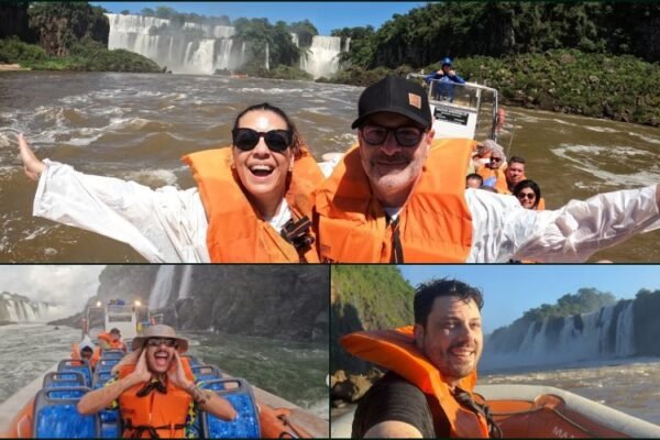 Danilo Gentili, Thalita Rebouças e Daniel Molo vivenciam emoção e adrenalina durante passeio de barco no Macuco Safari nas Cataratas do Iguaçu