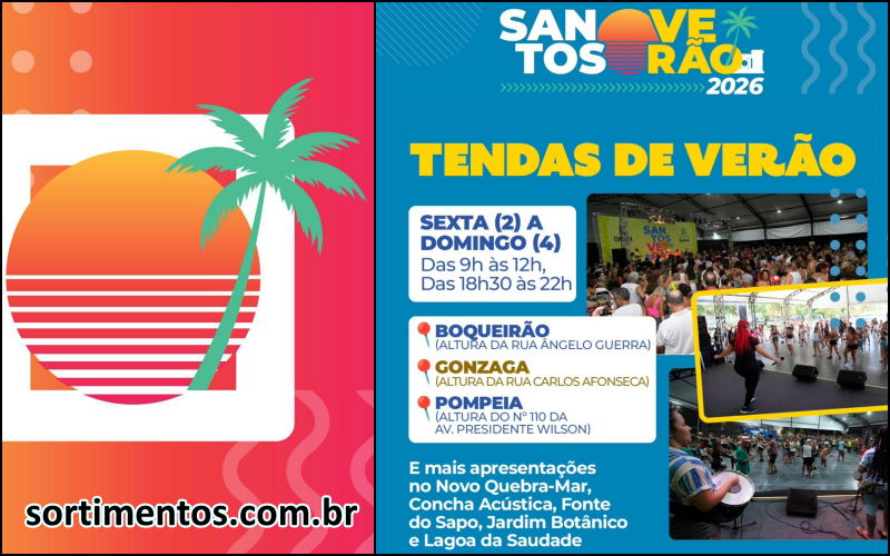 Santos Verão 2026 no litoral paulista : programação nas Tendas de Verão nas praias da Pompeia, Gonzaga e Boqueirão
